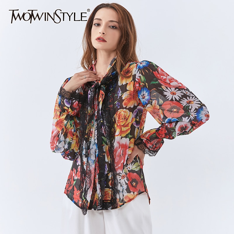 Twotwinstyle hit farvetrykt skjorte til kvinder sløjfekrave flare ærmer patchwork blonde afslappet bluse kvindeligt efterår