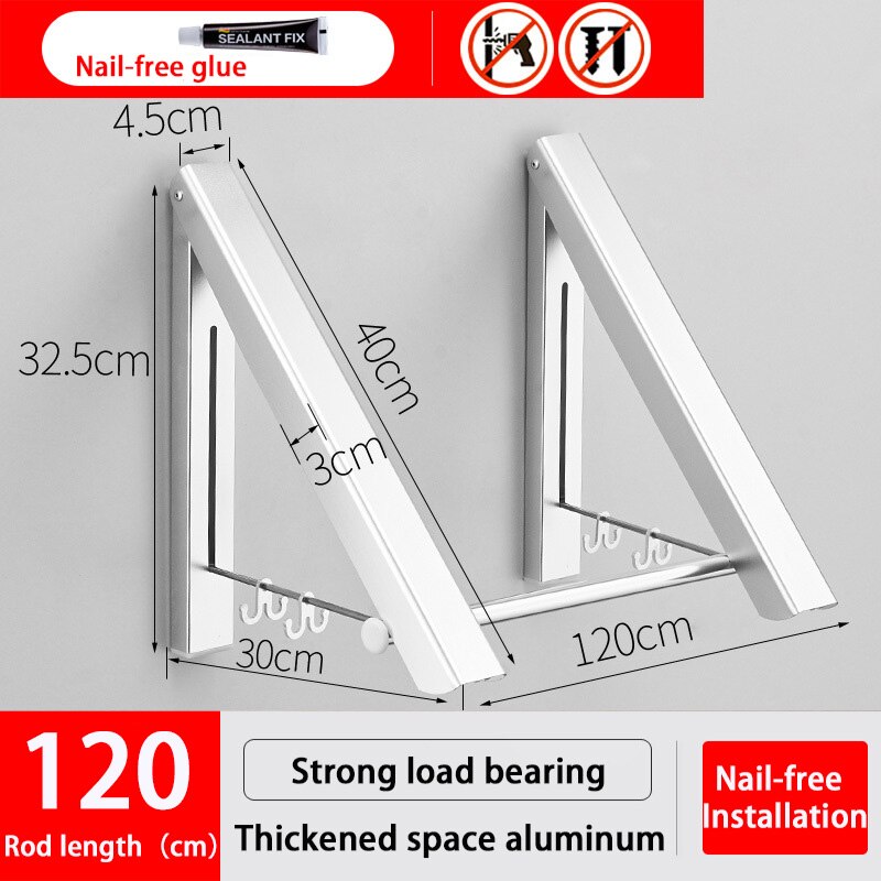 Wall Clothing Hanger Outdoor Folding Drying Rack Telescopic Rack For Clothes Horse Clothesline Balcony Hook Rail Clothes Rods: Nailless Silver120cm