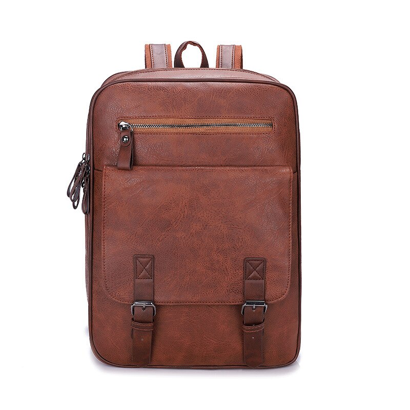 Black Vintage Hasp Zipper Backpack Men Solid Soft PU Leather Shoulder Bags Business Travel Large Capacity Daypack Male: Brown