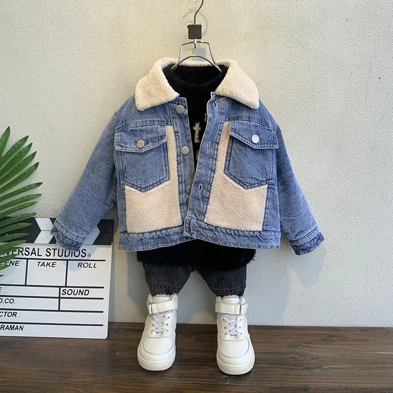 2-8 Jaar Oid Lamswol Dikke Warme Kids Denim Jas Bovenkleding 2022 Herfst Turn Down Kraag Zakken Jongens winter Jean Jassen