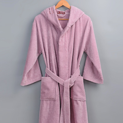 Bata gruesa de algodón con bordado para hombre y mujer, albornoz de algodón con capucha, suave ventilación, ropa de hogar informal: pink color / M
