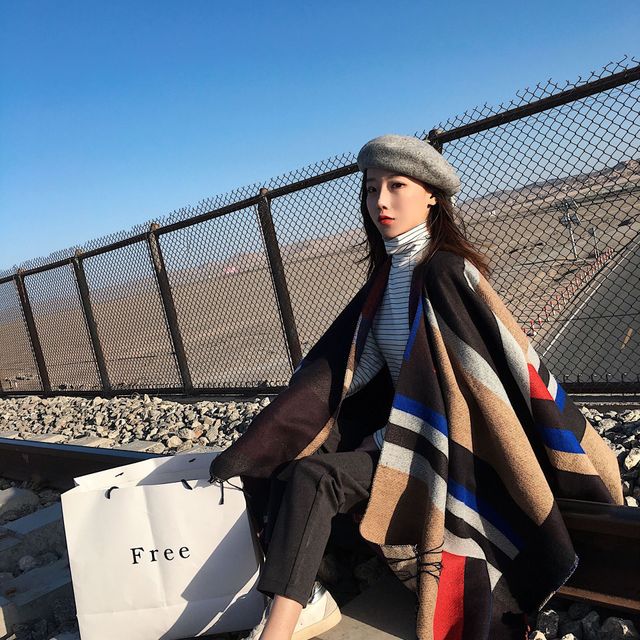 Cape effen kleur mantel capuchon sjaal dames herfst winter sjaal reizen imitatie kasjmier all-match eenvoudig warme dikke poncho: Kameel 2