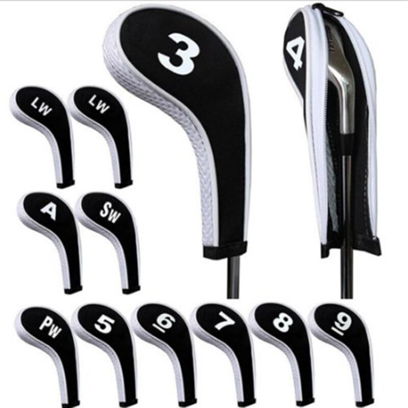 Alta qualidade 12 pçs de borracha neoprene golf club head cover ferro putter com zíper longo pescoço proteger conjunto número impresso: White