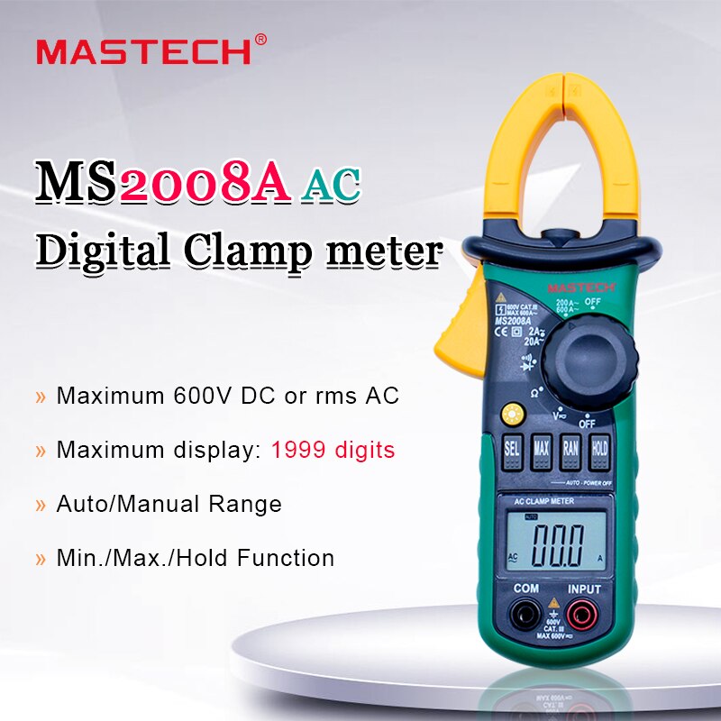 MASTECH MS2008A Digitale Klem Meter Auto Range Stroomtang Ampèremeter Voltmeter Ohmmeter w/LCD Backlight