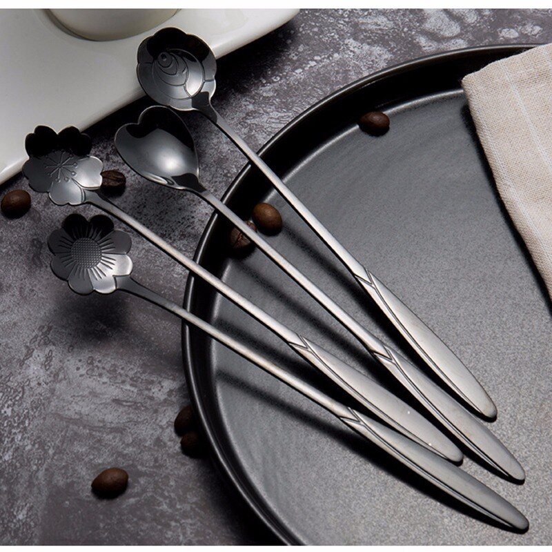 16 Types Stainless Steel Spoon With Long Handle Ice Spoon Coffee Spoon Flowers Heart Shape Dessert Spoon Kitchen Gadget