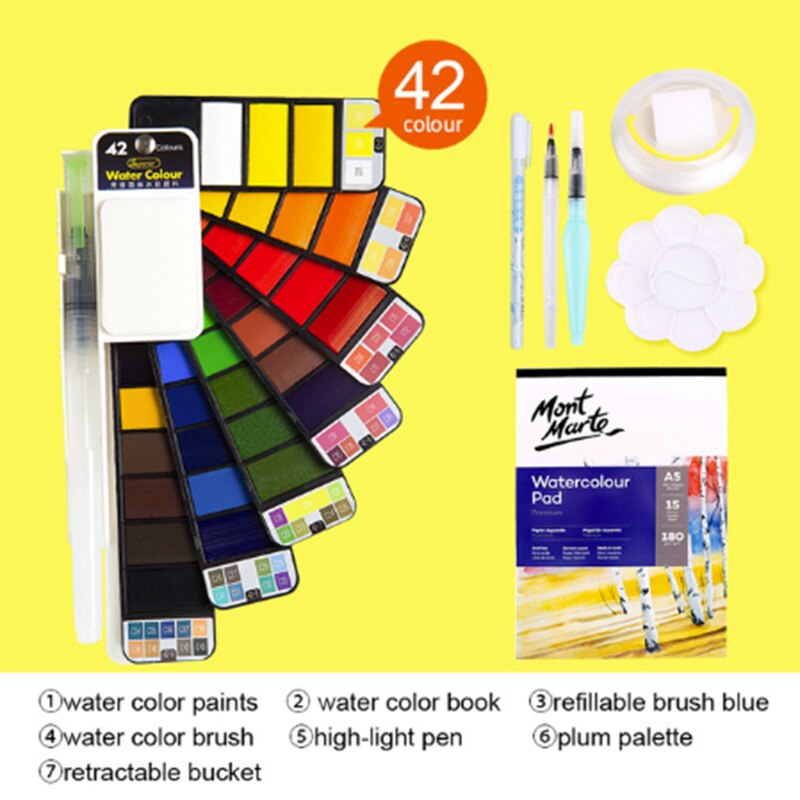 18/25/33/42 solid akvarel maling sæt med vandbørste pen foldbar rejse vand farve pigment til tegning: 42 farver med 6 gaver