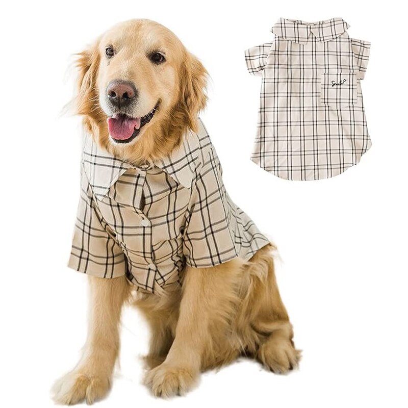 Camiseta clásica de rejilla a cuadros para mascotas, ropa para perro, atuendo con estilo, blusa de gran tamaño con solapa para perros medianos y grandes