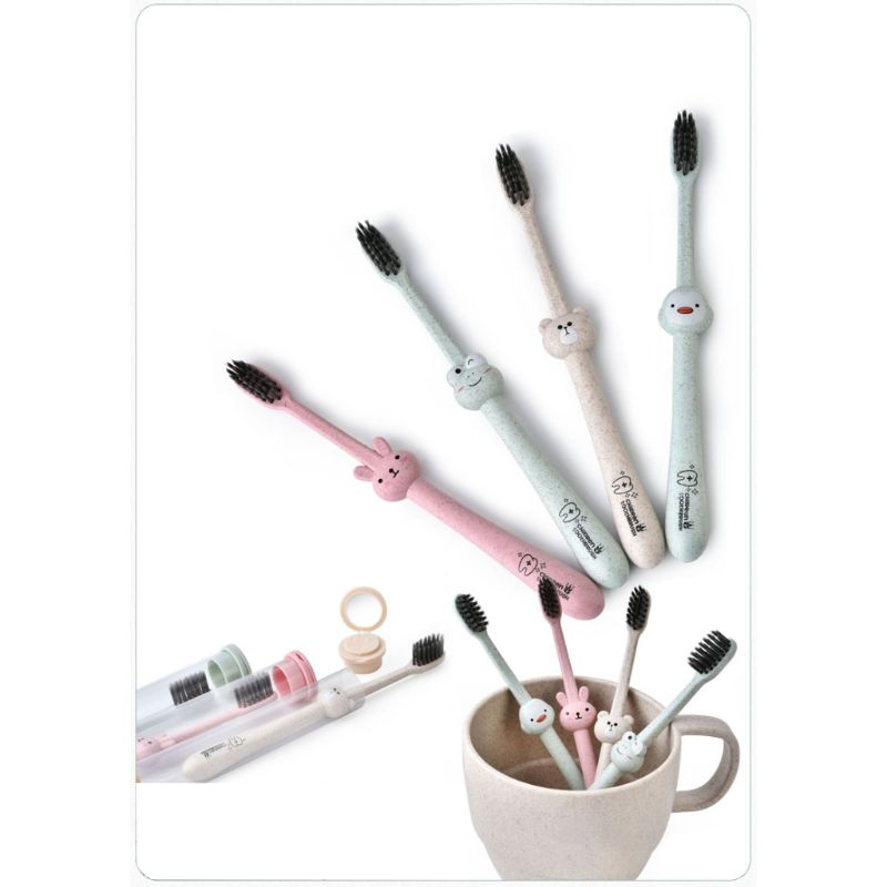 Brosse à dents pour enfants, manche de dessin animé, Oral brosse à charbon de bambou, soins de paille de blé naturelle dégradable