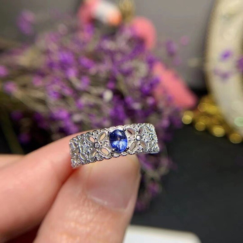 Anillo de plata de primera ley con zafiro S925 para mujer, sortija, plata esterlina 925, de flor, estilo exquisito