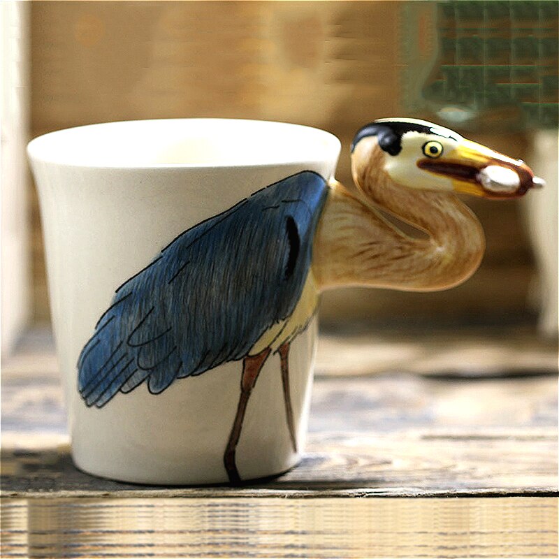 3D three-dimensional blue fish heron coffee mug Hand-painted animal ceramic cup Personality handle Cartoon mugs: Default Title