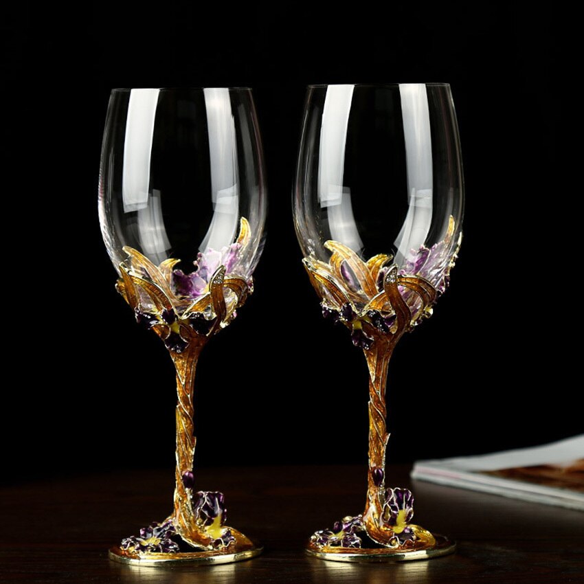 1Pc Hoogwaardige Crystal Champagne Fluiten Stand Metaal Met Emaille Creatieve Stijl Beker Glas Bruiloft Verjaardag