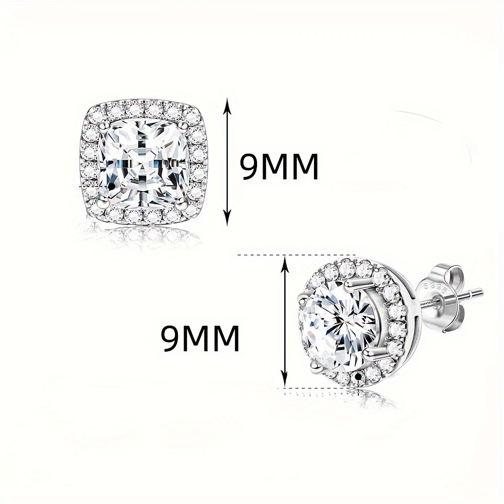 1 Pair Silvery Cubic Zirconia Stud Earrings Round Square Diamonique Stud Earrings Set for Women Men