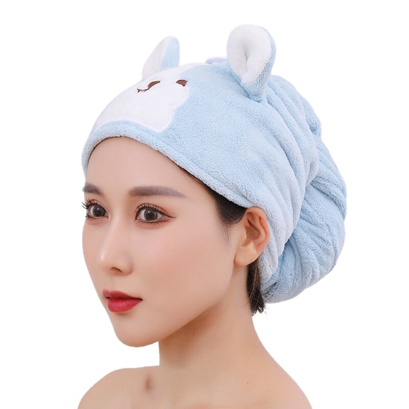 Cartoon Coral Velvet Hair Towel Turban Wrap Quick Dry Shower Hat with Button Cute Dog Microfiber Super Absorbent: Light blue