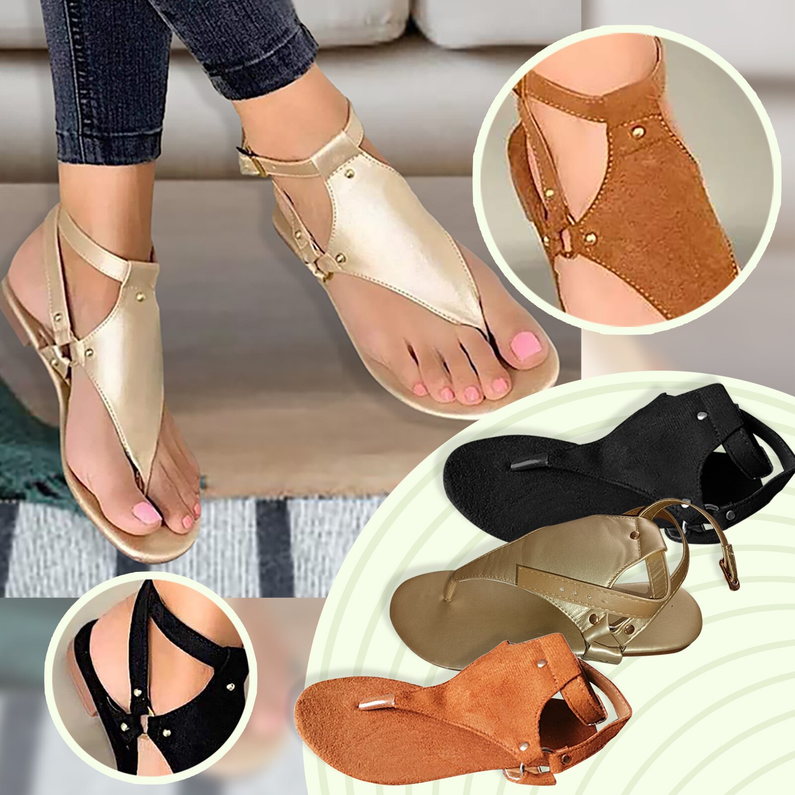 Sandales plates d'été à bout ouvert pour femmes, chaussures de plage, lanière à boucle romaine, tongs grande taille, #40