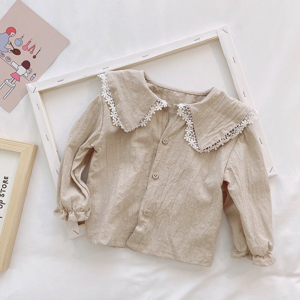 printemps bébé filles couleur unie col à fleurs à manches longues chemise: Beige / 110cm