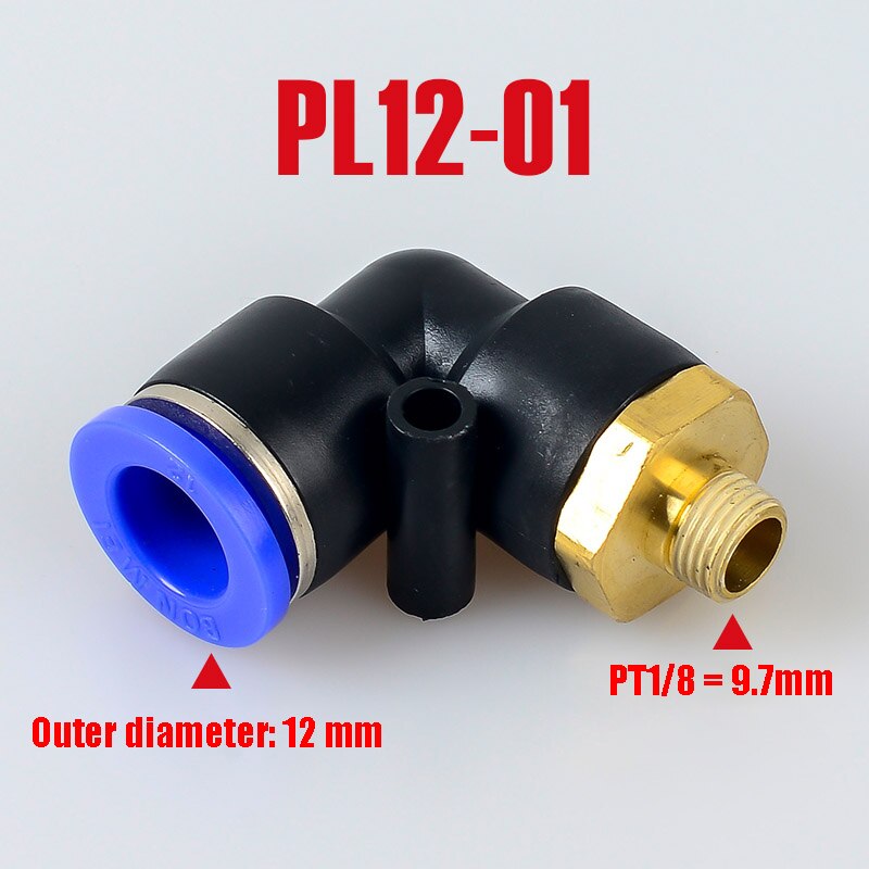 Pl pneumaattinen liitin 4mm-12mm letku  od 1/8 " 1/4 " 3/8 " 1/2 " uros pneumaattinen kierre putki kulmaliitin putki ilma työnnetään sisään: Pl12-01