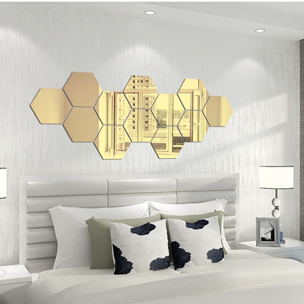 Pegatinas de espejo 3D de 36 piezas, calcomanía de vinilo hexagonal extraíble para pared, decoración del hogar, arte DIY, espejo dorado, negro y plateado