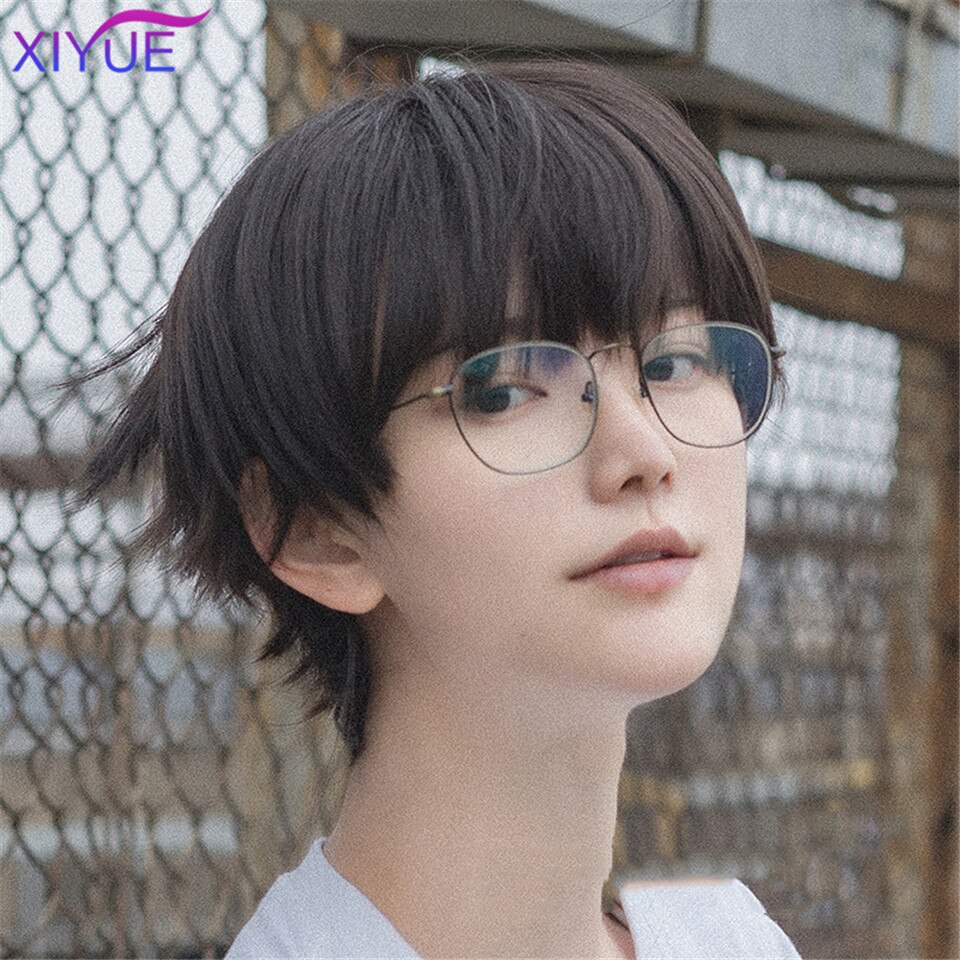 Kort syntetisk parykk for menn pustende brun menn gutt kort rett cosplay menn fest svart varmebestandig syntetisk hår parykk: #8