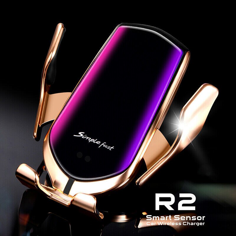 R2 qi automatic clamping 10w wireless charger car phone holder smart infrared sensor air vent mount mobile phone stand hold