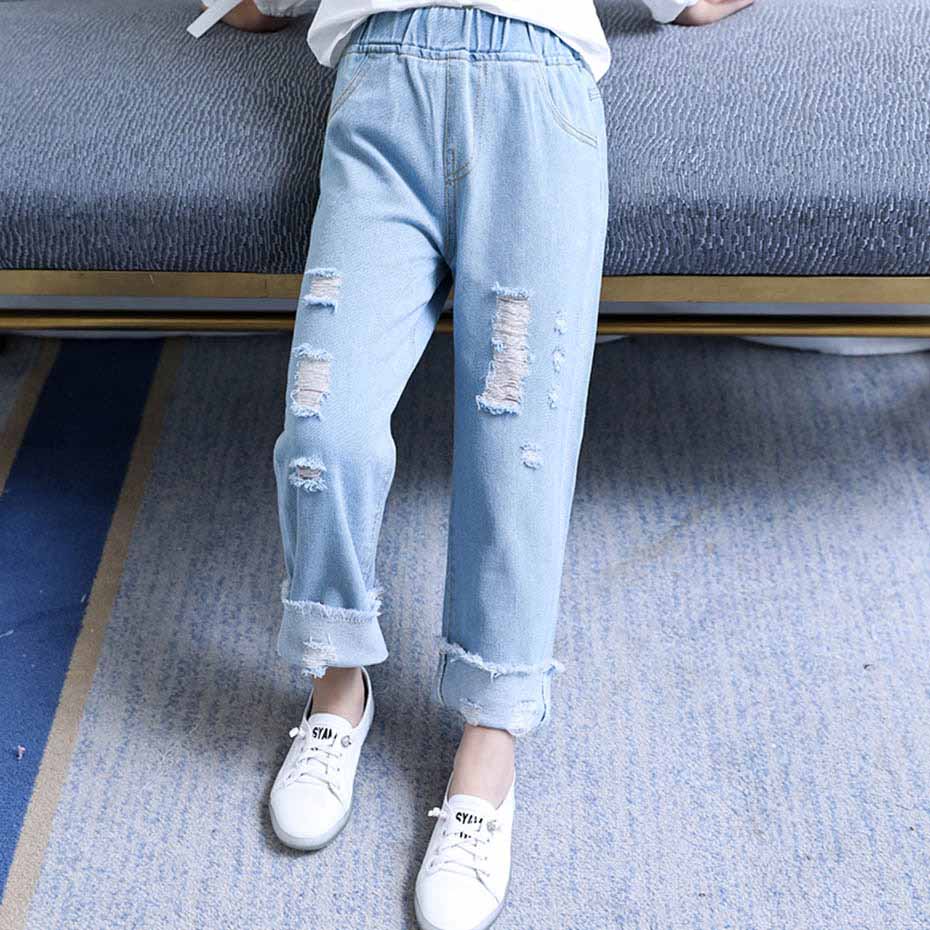 Jeans för flickor hål barn jeans tjejer höstmanschetter barn slitna jeans fritidskläder för flickor 6 8 10 12 14: 14