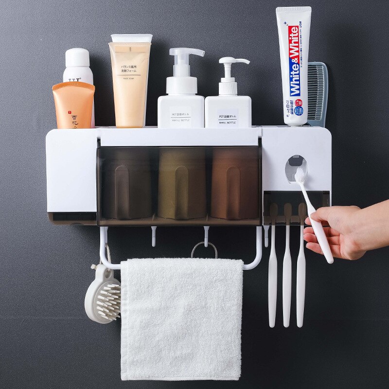 Multifunctionele badkamer vanity rek muur gemonteerde met handdoek bar haak tandenborstelhouder set automatische tandpasta