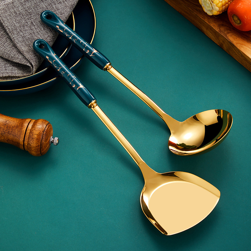 Dark green gold cooking pots set stainless steel cookware set non stick Spatula Shovel spoon kitchen utensils accessories set