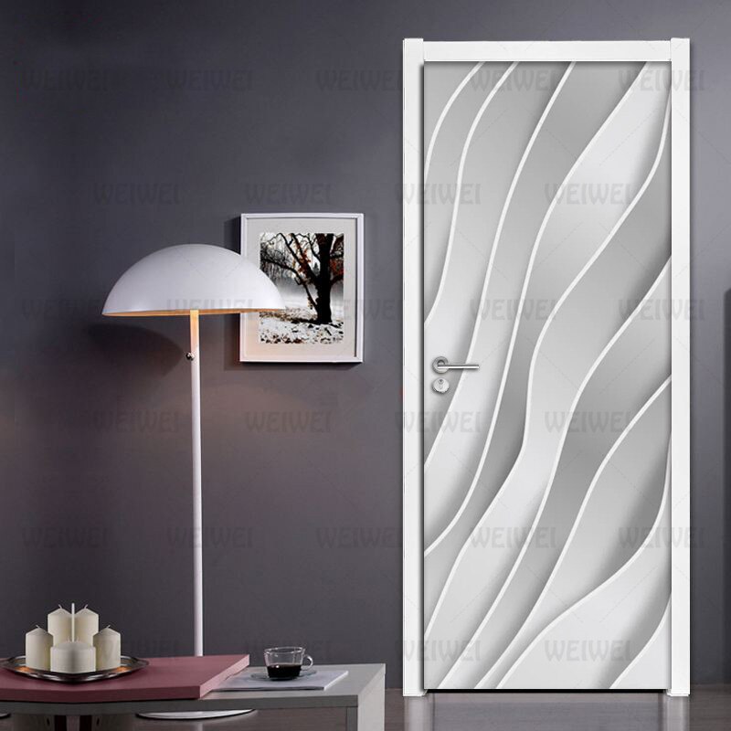 Modern 3D Abstract Geometric Striped Door Sticker Mural Living Room Kitchen Door Decoration Wallpaper PVC Waterproof Wall Decals