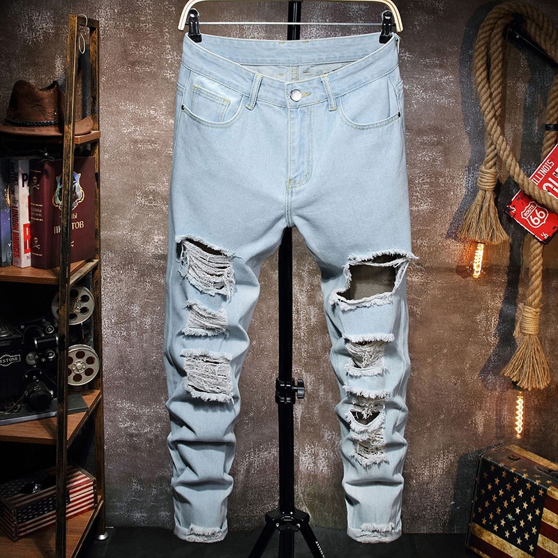 Mode Man Gescheurde Jeans Gebroken Gat Broek Gescheurd Mannen Rechte Denim Broek Vintage Gewassen Broek Streetwear