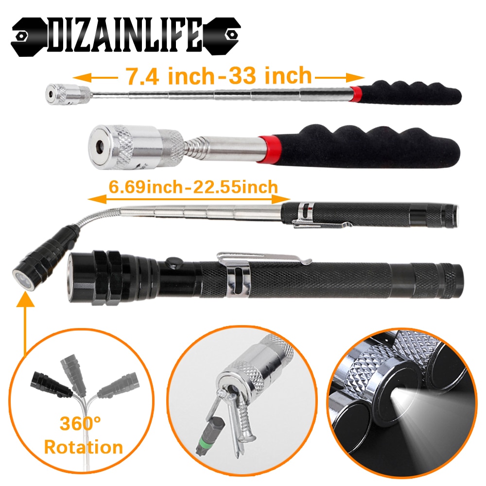 Portable Mini Telescopic Magnetic Pick Up Tool Magnet Pen with Light Extendable Pickup Rod Stick for Picking Up Nut Screws Bolt