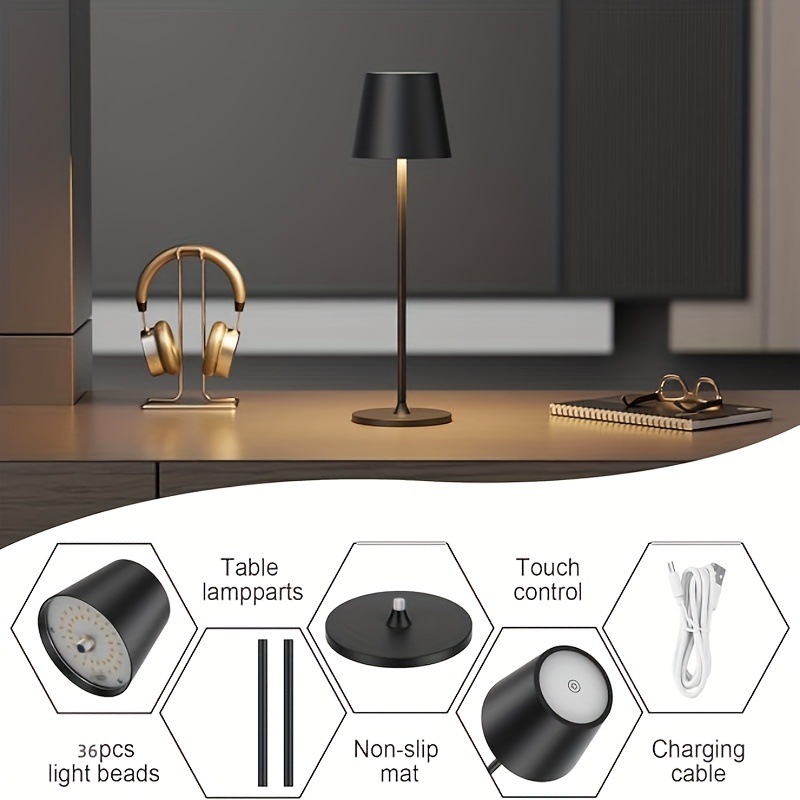 Led-skrivebordslampe med touchfunktion, natlampe med usb-genopladelig touchfunktion, led-bordlamper med 3 niveauer, dæmpbar, trådløs til værelse, arbejdsværelse, kontor, bar
