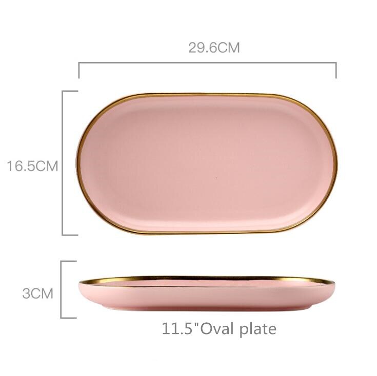 Porslinsmiddagstallrik Set Rosa Guld Kant Keramik Servis Maträtter Ris Sallad Nudlar Skål Mugg Bestick Set 1 st: 11.5 tum oval platta