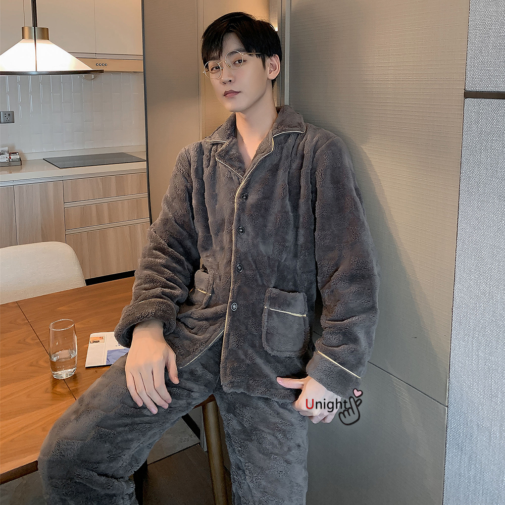 Pijamas gruesos de franela cálida para hombre, ropa de dormir larga, de lana Coral, para el hogar, 3xl, 4XL, Otoño e Invierno