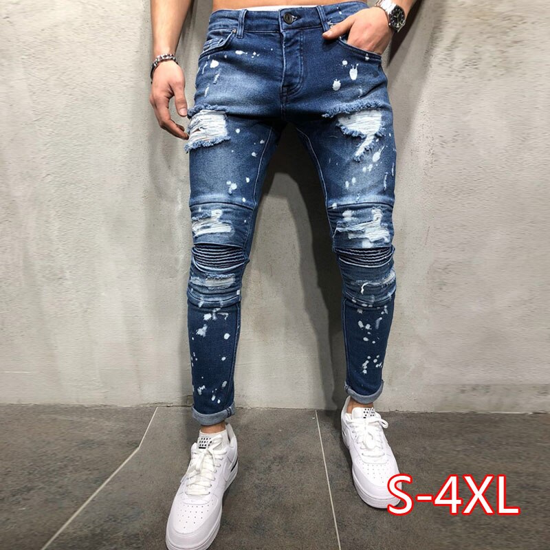 Men's Painted Skinny Slim Fit Straight Ripped Distressed Pleated Knee Patch Denim Pants Stretch Jeans