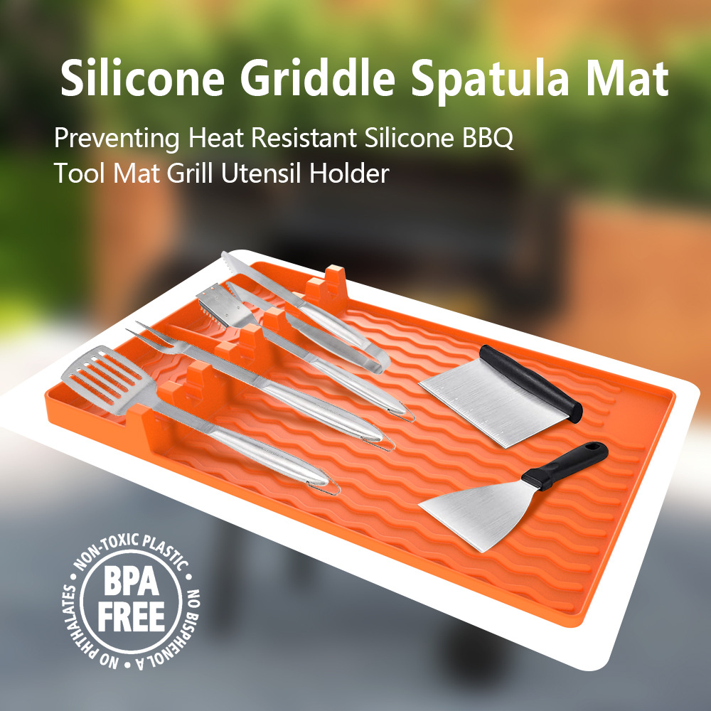 Grillmåtte til beskyttelse af underlag, silikone grillværktøjsorganisator, grilltilbehør grill silikone sidemåtte til side af grillen, varmebestandig
