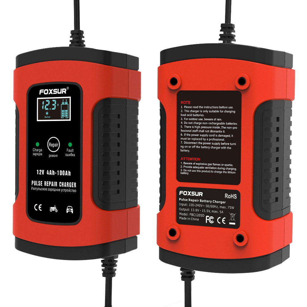 Foxsur 12V 5A Car Battery Charger LCD Display Full Automatic Intelligent Battery Chargers Multiple Protection Pulse Repair