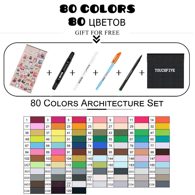 TouchFIVE 168 couleurs huileux à base d'alcool Art marqueurs ensemble double tête croquis marqueur artiste pinceau stylo pour Manga eau couleur stylos: 80 architecture set