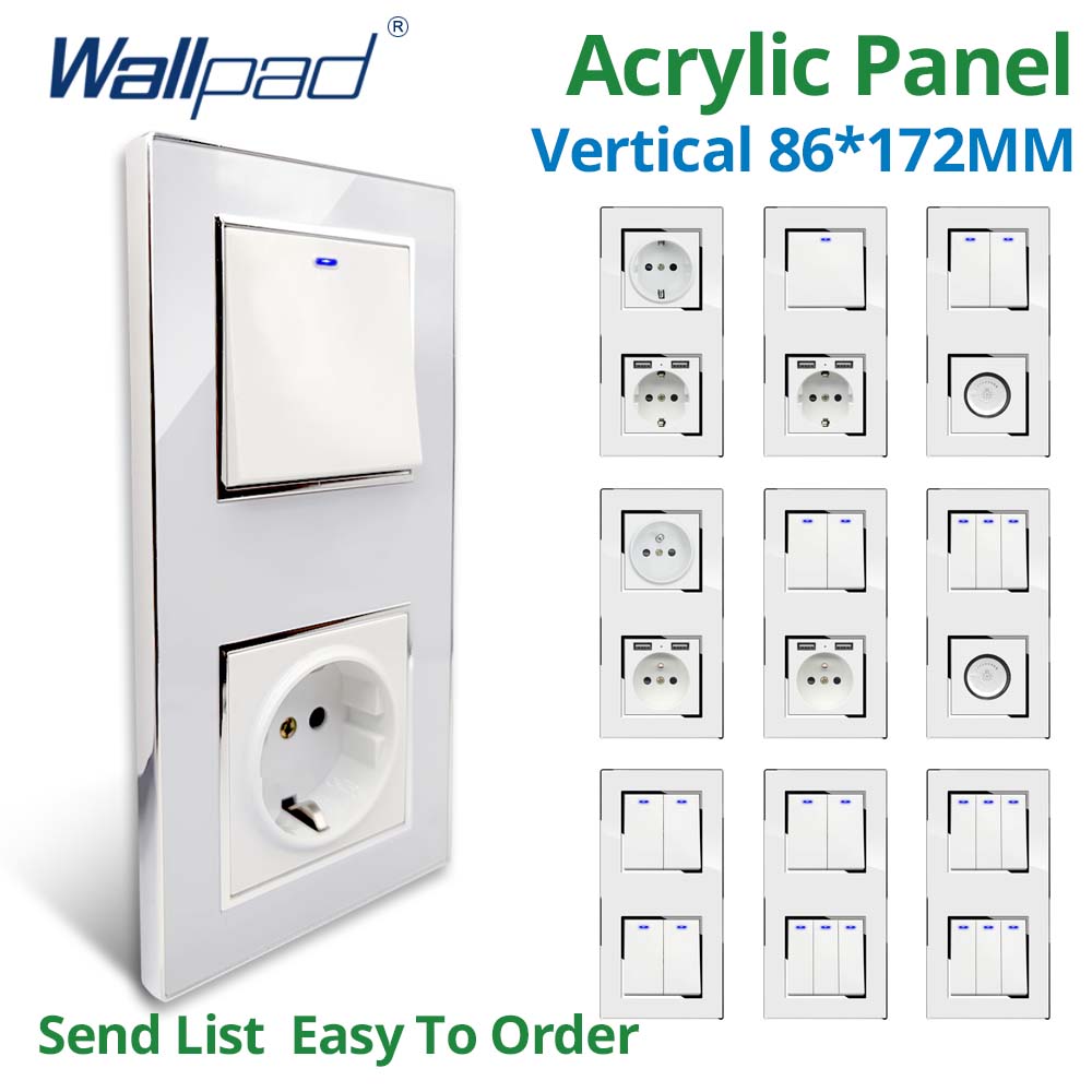 Wallpad Vertical Install 86*172mm White Acrylic Panel Wall Light Switch USB Charge EU Socket Outlet 4 5 6 7 8 Gang 2 Way Reset