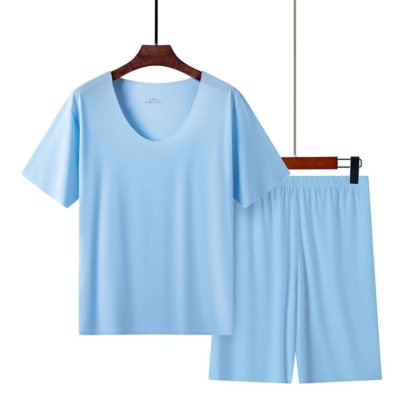 Pijama de dos piezas de seda de hielo para hombre, ropa deportiva informal de verano para el hogar, traje de manga corta sin costuras, cuello redondo, talla grande: blue2 / L