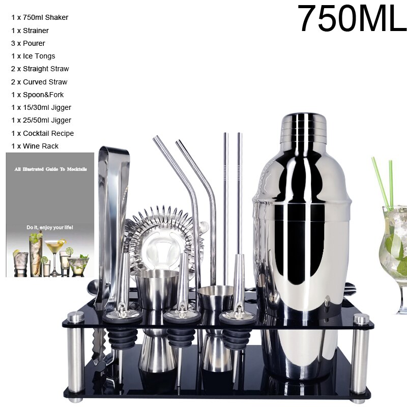 1-14 Teile/satz Edelstahl Boston Schnee Cocktail Shaker Rührgerät Trinken Barmann Werkzeug einstellen mit Gestell Rahmen Bar Cocktail Rezept: BI 15P 750MLRACK