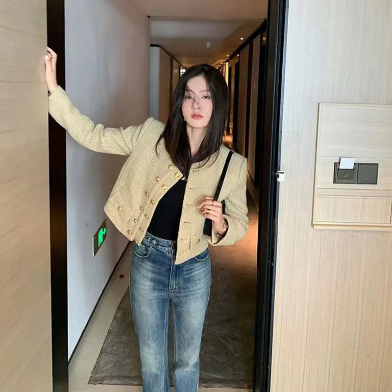 Lucyever Vintage Dames Tweed Jassen Elegante Chique Double-Breasted Met Zakjack Dames Koreaanse Mode O-hals Korte Jas