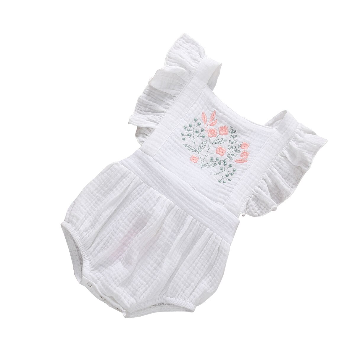 Baby Sommer Kleidung 0-18M Neugeborenen Baby Mädchen Gesamt Baumwolle Leinen Kurze Rüsche Hülse Sunsuit Stickerei Blumen Karosserie