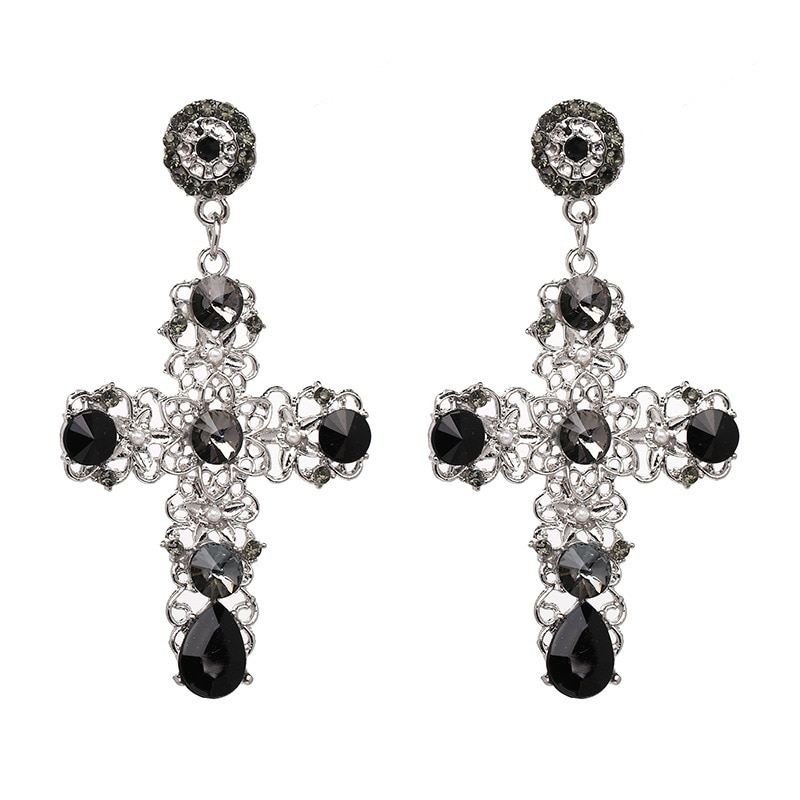 1 par Vintage barroco negro cristal pendientes colgantes de Cruz mujer rosa barroco bohemio grandes pendientes largos Bisutería