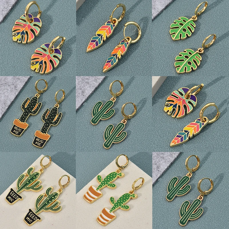 Pendientes de aro de Color dorado con forma de planta de Cactus y hoja esmaltada colorida para mujeres y niñas, pendientes Vintage bohemios con goteo de aceite, de joyería