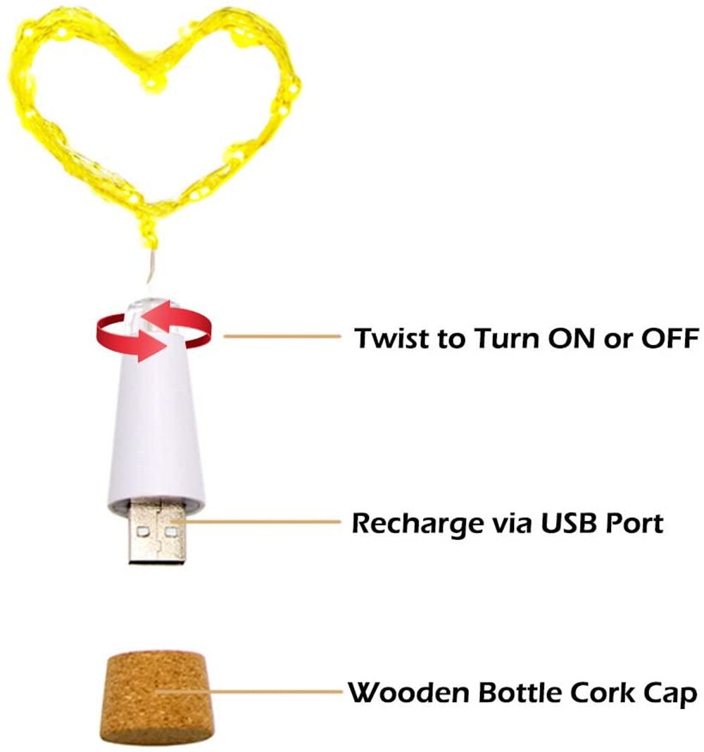 Guirnalda de luces de corcho para botella de vino, cadena de alambre de cobre, LED estrellado, recargable por USB, 2M, 20LED, para bricolaje, , Navidad, boda