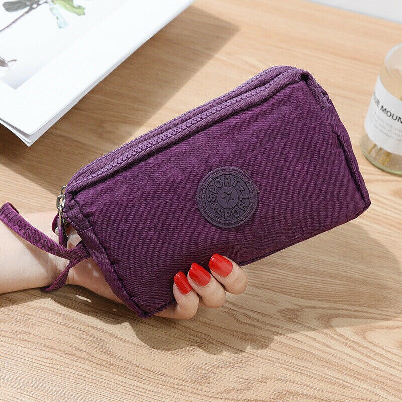 Womens Mini Phone Bag Short Wallet Three-Layer Zipper Purse Coin Purse: Navy Purple