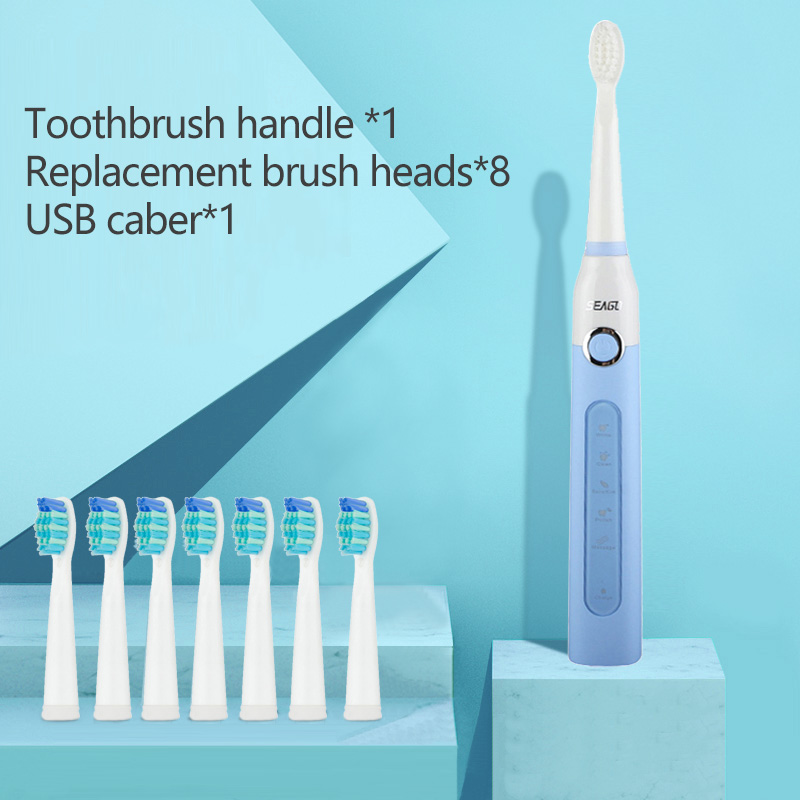 SEAGO Sonic Electric Toothbrush Adults Timer 5 Modes USB Rechargeable Tooth Brush Replacement Brush Head Nozzles Box SG-507: blue5head