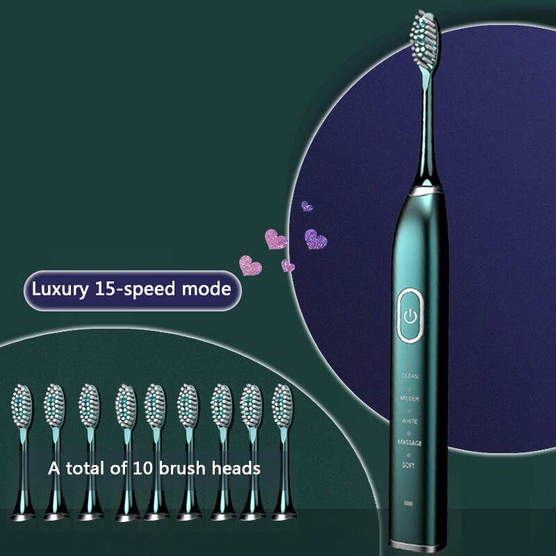 Xiaomi mijia escova de dentes elétrica ultra sônica adulto cronometrado 5 modo carregador usb recarregável substituição conjunto cabeça: Green 10 Brush Head
