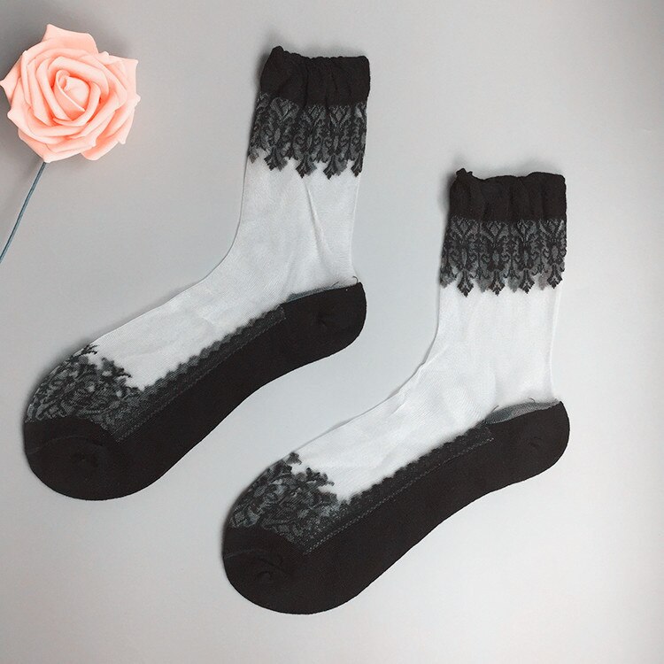 4 Pairs/lot Women Ankle Socks Ladies Pure Silk Short Lace Korean Sock Female Cheap Women's Transparent Crystal Sock White: 4Water plants Black