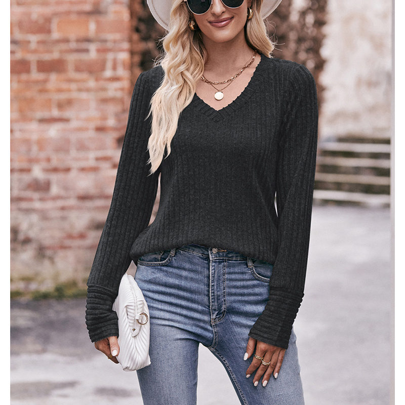 Herfst Winter Losse Casual V-Hals Pullover T-Shirts Dames Mode Eenvoudige Lange Mouw Onderkant Top Vrouwen T-Shirt Dames Kleding