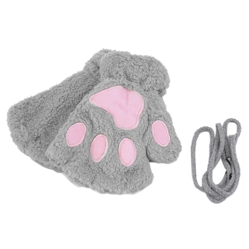 Chaleur sans doigts en peluche gants moelleux Bearr griffe/chat Animal patte doux belle mignon femmes demi doigt couvert costume gants: Gris